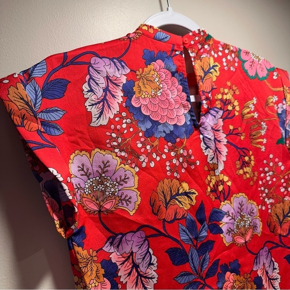 Express Red Oriental Blossoms Choker Cap-sleeve Silky Blouse XXS TTP Light - Picture 10 of 16